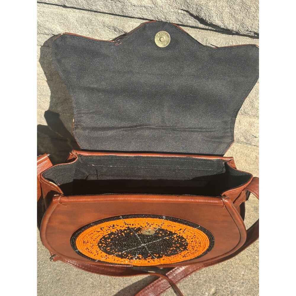 Handmade African Beaded Leather Crossbody Bag Orange Black Tribal Boho Artisan - Picture 3 of 7